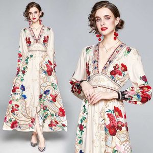 herfst winter elegante vrouwen afdrukken lange jurk v-hals partij vrouwelijke hoge taille bloem print maxi 210531