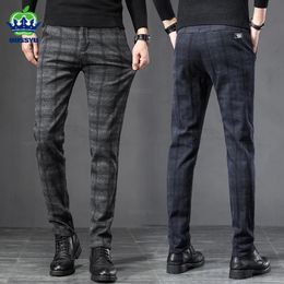 Automne Hiver Angleterre Plaid Travail Stretch Pantalon Hommes D'affaires De Mode Mince Épais Gris Bleu Pantalon Occasionnel Mâle Marque Pantalon 38 240122