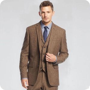 Herfst Winter Fashion Brown Tweed Bruidegom Tuxedos Notch Revers Two Button Mannen Bruiloft Tuxedos Heren Diner Party Pak (Jas + Broek + Tie + Vest) 2881