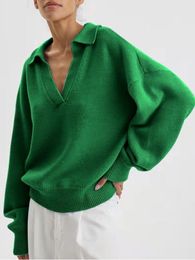 Automne Hiver Mode Vêtements Couleur Unie Vneck Femmes Tricoté Polo Col Surdimensionné Lâche Pull Vert Pull Femmes 220816