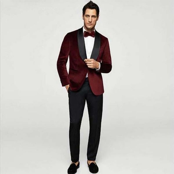 Automne Hiver Mode Velours Rouge Foncé Smokings De Marié Noir Châle Revers Un Bouton Hommes Smokings De Mariage Hommes Costume De Dîner De Bal (Veste + Pantalon + Cravate) 5