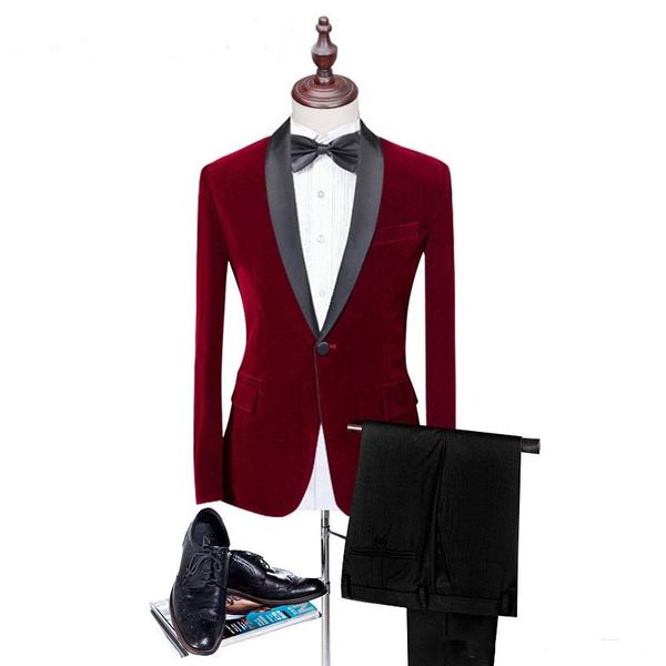 Tuxedos de marié en velours rouge foncé, mode automne-hiver, excellents hommes de mariage, costumes de dîner de bal d'affaires formels (veste + pantalon + cravate) 97