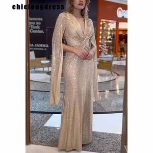 Robe de soirée élégante à paillettes, mode automne hiver, luxe, col en v, manches cape, Slim, robe de soirée en queue de poisson, 240115