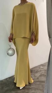 Automne Hiver Fashion Luxury Satin Two Piece Femmes musulmanes Elegant Elegant Solid Bat Sleeve Top Fishtail Jirt Two Piece Set Femmes 240412