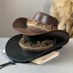 Otoño Invierno Moda Hombres Sombrero de vaquero occidental Faux Leather Dad Gentleman Jazz Caps Vintage Panamá Sombrero de vaquera Sombrero Hombre