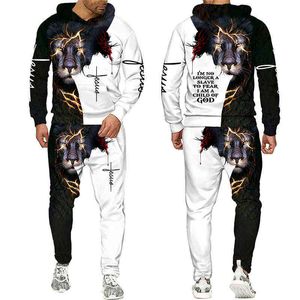 Herfst Winter Fashion Men Vrouwen Lion Lion 3D Gedrukt Jezus Hoodie Sweatshirt en broek Casual Men's Clothing Tracksuit G1217