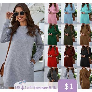 Otoño Invierno moda cuello redondo manga larga mujer sudadera vestido 2021 nueva moda sólido suelto bolsillo señoras Mini vestido Vestidos Y1006