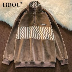 Autumn Winter Fashion Patchwork Plaid Oversized Harajuku Sweatshirts Men Half Zip Polo Collar Pullover Tops Chic Male Streetwear 231221