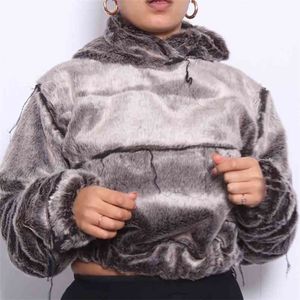 Herfst Winter Mode Pluche Zachte Warm Pullover Hoodies Sweatshirt Casual Volledige Mouw Oversized Dames Hooded Crop Top Gray 210517