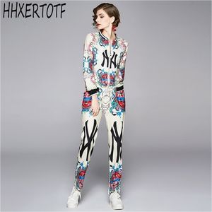 Herfst Winter Mode Runbay Vintage Suit Dames 2 Stuk Sets Floral Print Jacket Tops + Pocket Full Broek Broek 210531