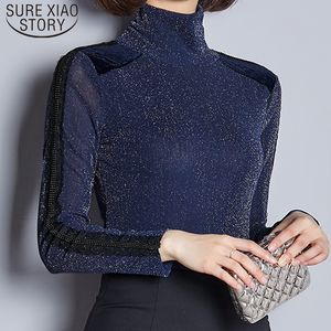 Automne hiver mode solide bas chemises femmes col roulé creux maille Sexy Blouses noir bleu dames hauts mince 6920 50 210510