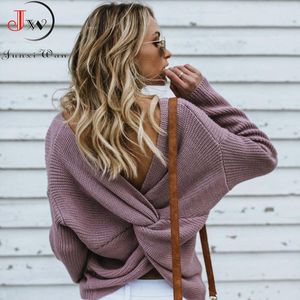 Herfst Winter Mode Trui Vrouwen Back Criss Cross Beading Gebreide truien Jumper Knitwear Zachte Warme Trek Femme 210510