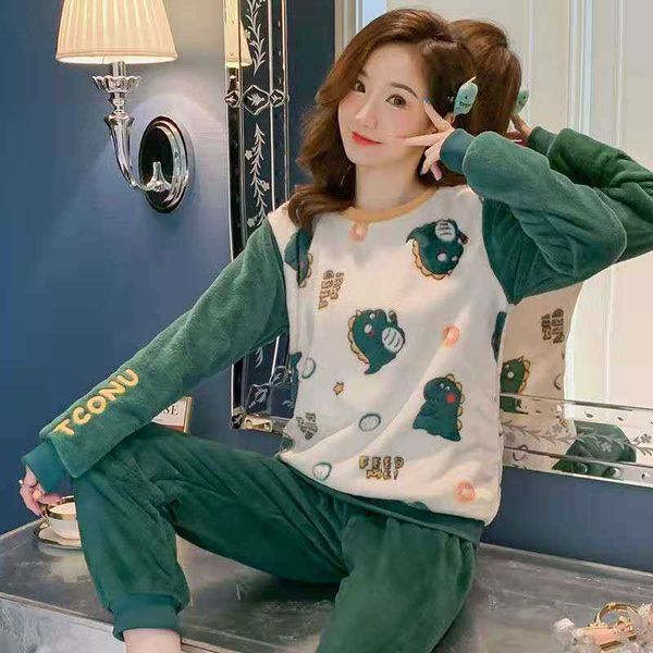 Automne / Hiver Tissu de flanelle Ensembles de pyjama chauds et confortables pour femmes Style coréen Belle motif de dessin animé Tops + Pantalons 2 pièces 210528