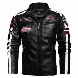 Otoño Invierno Fleece Chaqueta de cuero de la motocicleta de los hombres Bordado Racing Coat Windbreaker Outwear Faux Leather Biker Jacket F2GW #