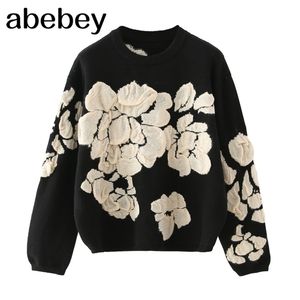 Herfst winter bloemenprint trui vrouwen gebreide pullover femme truien hoogwaardige gebreide oversized zwarte trui jumper 201221