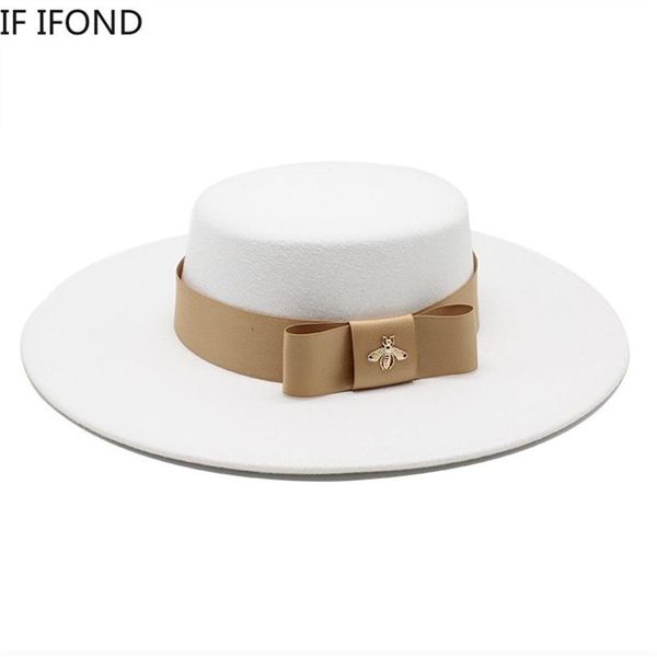 Automne hiver français dames blanc Bownot haut plat Fedora chapeau 10CM bord Banquet élégant feutre chapeau robe de mariée casquette 2205242893