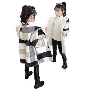 Herfst Winter Meisjes Casual Jassen Warme Hooded Bovenkleding Mode Wollen Lange Jas Kinderkleding Teenge Outfits 9 211011