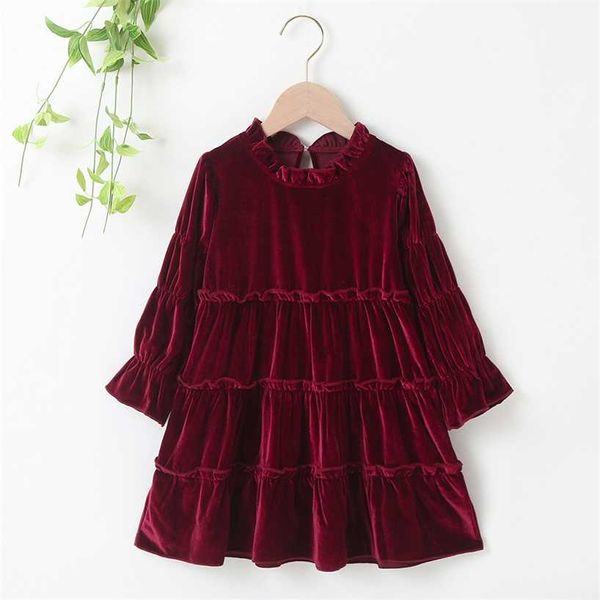 Otoño Invierno niñas vestido de manga larga de terciopelo cuello alto vino rojo negro plisado sólido lindo dulce bebé Vestidos 2-6T 220106