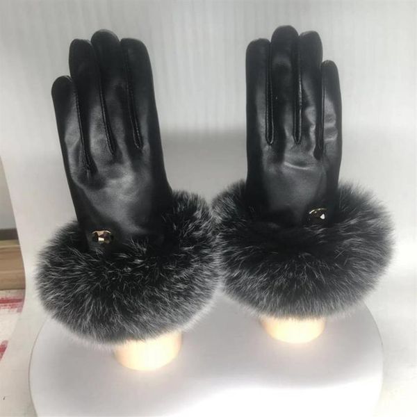 Automne hiver gants luxe chaud mode dames doux fourrure de renard en cuir écran tactile en peau de mouton mittens205F