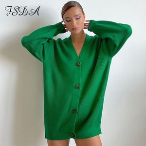 Autumn Winter Green Cardigan Oversized Women Long Sleeve Button Casual Loose Knitted Sweater Fashion