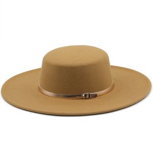 Sombreros de otoño e invierno para mujer, moda de 10cm, ala grande, tapa plana, sombreros de fieltro, tocado, vestidos de iglesia Vintage, sombrero para mujer