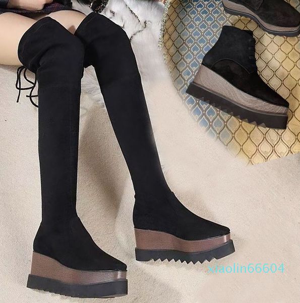 otoño invierno tacón tacón Botas largas moda sexy Bota elástica de punto diseñador zapato mujer Cuero de gamuza zapatos de tacón de cuña dama Tacones altos gruesos tamaño 35-41