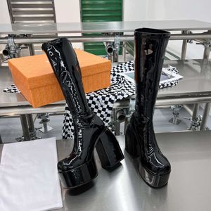 Autumn Winter Hentiaans High Chunky Heel Platform Fashion Boots Dij-High Boots Dames metalen metalen hoge hakken Buis Zip schoenen achteraan