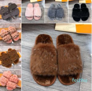 Herfst winter high-end zachte bont slippers luxe vrouwen ontwerper vrouw pluche slipper indoor hotle schoenen warme vos bont gladde dames platte slides slijpen met bo.