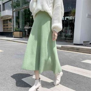 Automne hiver taille haute Slim Stretch tricot jupe épaissie grande taille sauvage femmes a-ligne laine longue gratuit 210527