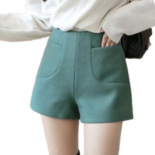 Automne hiver taille haute laine Shorts femmes jambe large vert filles 2021 bleu mince butin femme 558 femmes