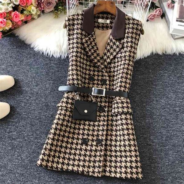 Automne Hiver Houndstooth Gilet en laine Femmes Col V Petit parfum Double boutonnage Gilet 210915