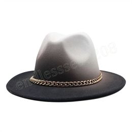 Otoño Invierno imitación lana moda mujer fieltro Fedora sombrero de ala ancha elegante cadena de Metal señora boda vestido gorra fiesta Formal Jazz sombrero
