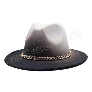 Autumn Winter Imitation Woolen Fashion Womens Felt Fedora Hat Wide Brim Elegant Metal Chain Lady Wedding Dress Cap Party Formal Jazz Hat