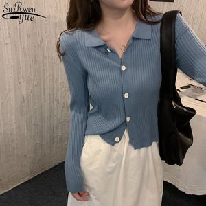 Otoño Invierno Jumper Mujeres Punto Cardigan Suéter Solapa Casual S para manga larga suelta 11337 210427