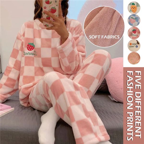 Automne hiver Kawaii dessin animé pyjama ensembles femmes polaire pyjamas Plaid flanelle Loung vêtements de nuit fille Pijamas costumes de nuit Homewears 231226