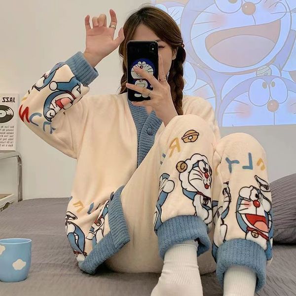 Automne hiver Kawaii dessin animé Pama ensembles femmes pyjamas Plaid flanelle salon vêtements de nuit fille Pijama Mujer costumes de nuit Homewear PJ 907