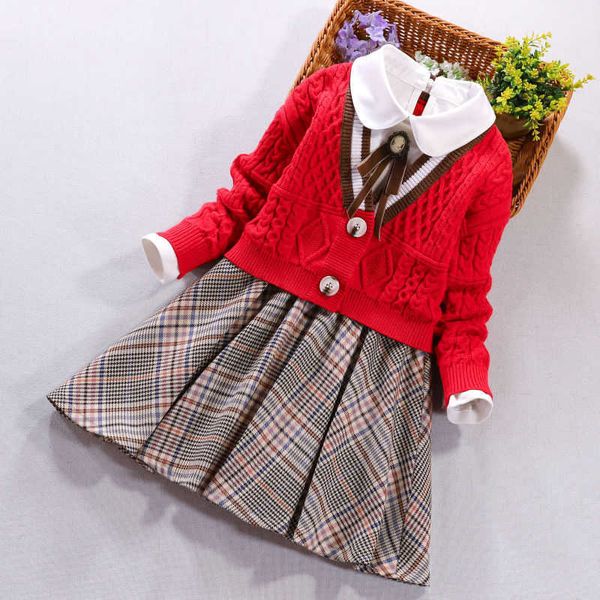 Conjunto de ropa de Otoño Invierno para niñas, cárdigan rojo, suéter, abrigo y vestido blanco a cuadros de manga larga, conjunto de 2 piezas, ropa para niñas 210713