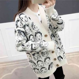 Automne hiver tricot pull harajuku top décontracté femmes col en v personnage de dessin animé cardigans bouton simple boutonnage 210427