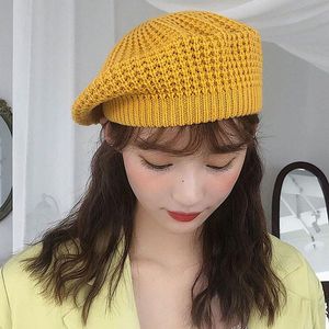 Automne hiver tricoté béret femme japonais doux soeur mignon britannique chapeaux peintre doux couleur casquettes noir vert jaune nouveau