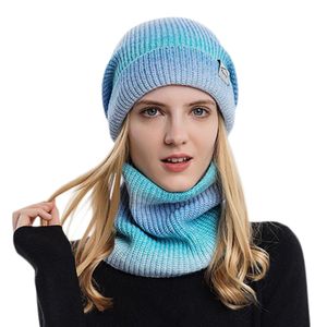 Ensemble chapeau et écharpe tricoté pour femme, Style loisirs, dégradé de couleur, épais, coupe-vent, bonnet chaud, foulard, automne et hiver