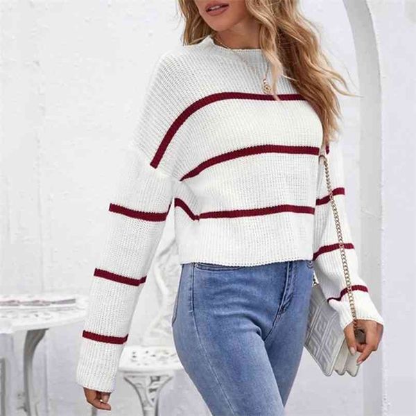 Suéter holgado de rayas intercolor de punto para otoño e invierno, suéteres de punto de manga larga con cuello redondo para mujer, 210517