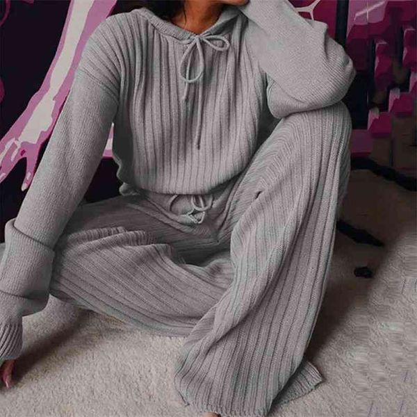 Automne hiver tricoté pyjama ensemble femmes pantalons à capuche costume à la maison pour vêtements de nuit à manches longues vêtements de salon en vrac dames 210809