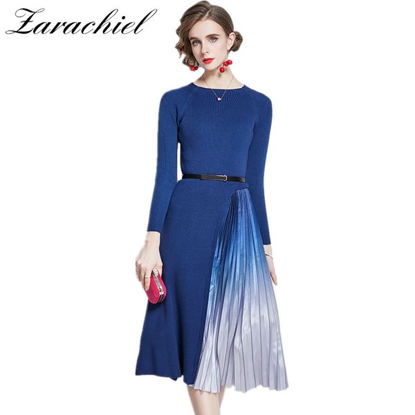 Automne Hiver Tricoté Patchwork Dégradé Bleu Robe Plissée Femmes Élégant Poignet Chandail Une Pièce Bureau Ceintures Midi Vestidos 210416