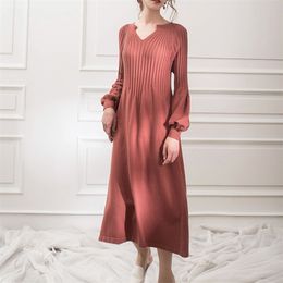 Autumn Winter Knitting Jurk Vneck Solid Color Retro French Girl Chic Dress 201110