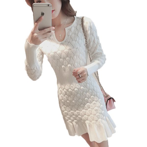 Automne Hiver Tricot Sirène Robe Femmes Doux Crochet À Manches Longues Épaissir Slim Fit Moulante Gaine Tricoté Chandails Robes 210416