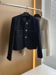 Automne hiver mode coréenne noir blanc Tweed vestes manteau femmes élégant deux poches doré simple boutonnage laine vêtements d'extérieur 240113