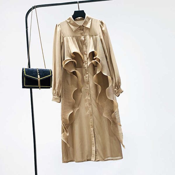 Automne hiver mode coréenne vintage taille haute chemise plissée robe élégante femmes en cascade à manches longues 210615