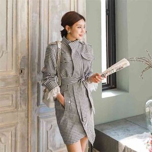 Herfst winter koreaanse stijl Houndstooth vintage veter-up vrouwen jurk vrouwelijke lange mouw slanke kantoor dame werk gewaad 210514