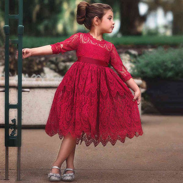 Robe d'automne et d'hiver en dentelle pour filles, tenue de bal brodée, vêtements de soirée pour enfants, motif floral, manches longues, robes pour enfants