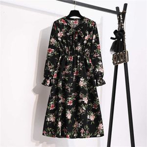 Herfst winter dames chiffon hoge elastische taille jurk vrouwen boog aline full mouw bloem print floral feestjurk vrouwelijke vestido y1006